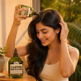 Difeel Castor Hair Oil Blend 7.1 ounce bottles on a bathroom shelf