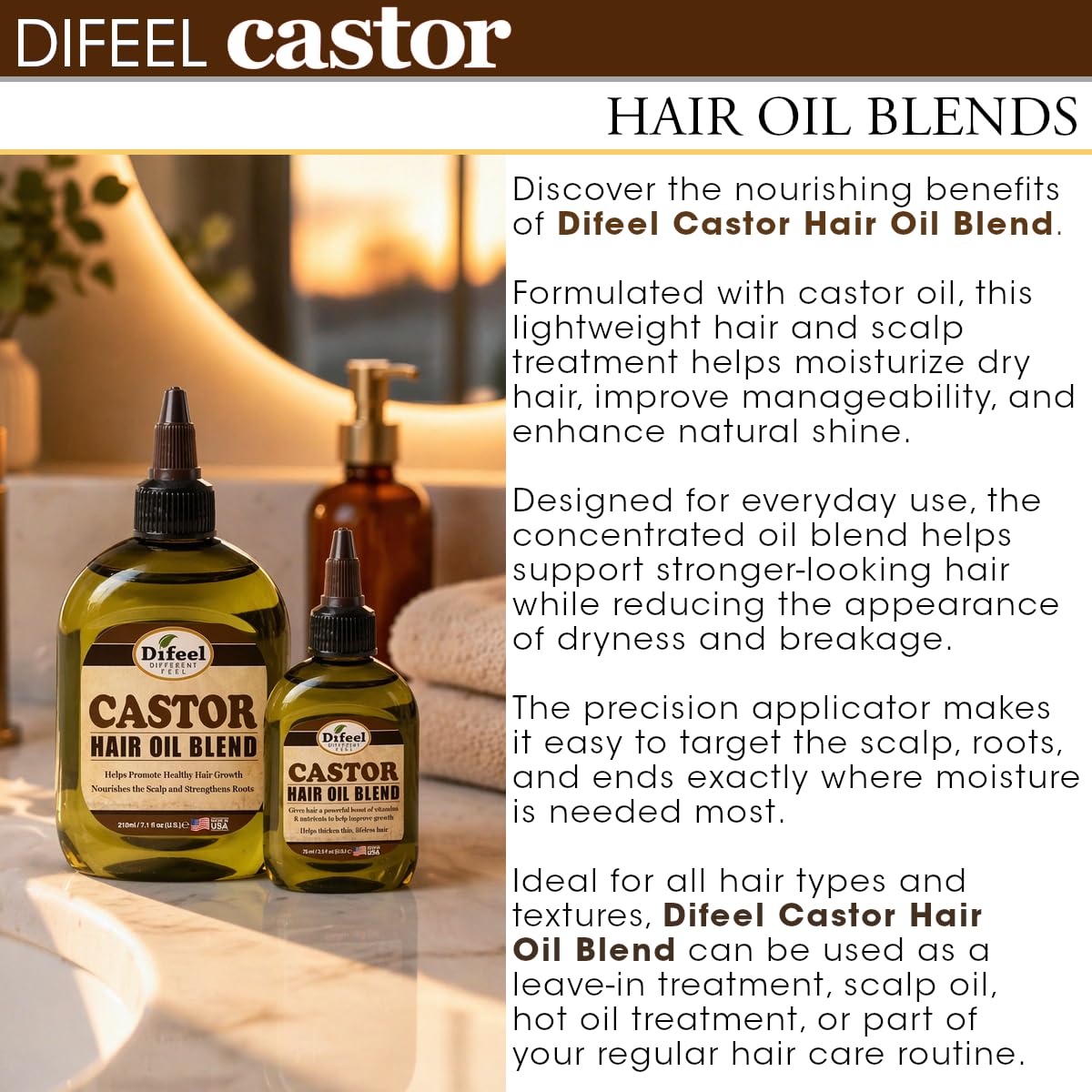 Difeel Castor Hair Oil Blend 7.1 oz with dropper