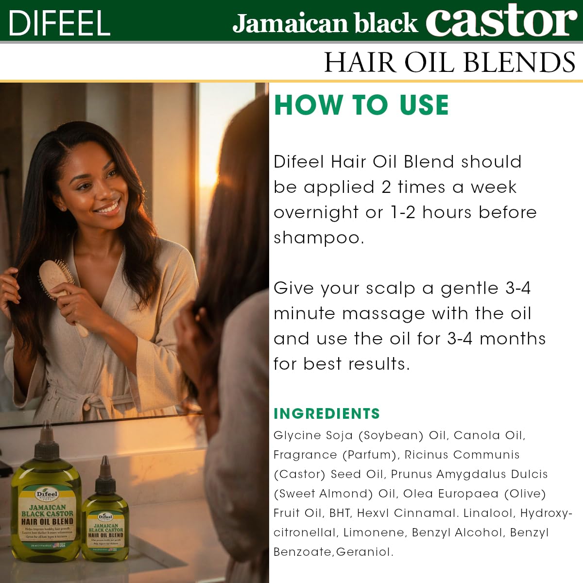 Difeel Jamaican Black Castor Hair Oil Blend bottle with hair care products