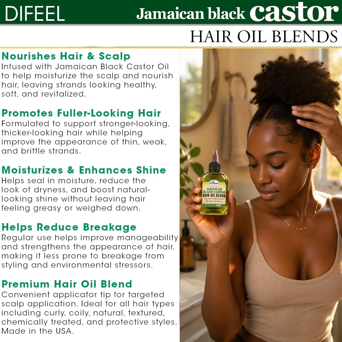 Difeel Jamaican Black Castor Hair Oil Blend with natural background