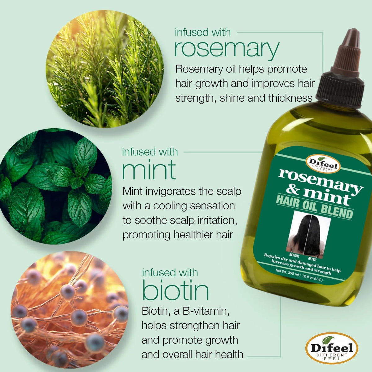Difeel Rosemary Mint Hair Oil Blend 7.1oz side view