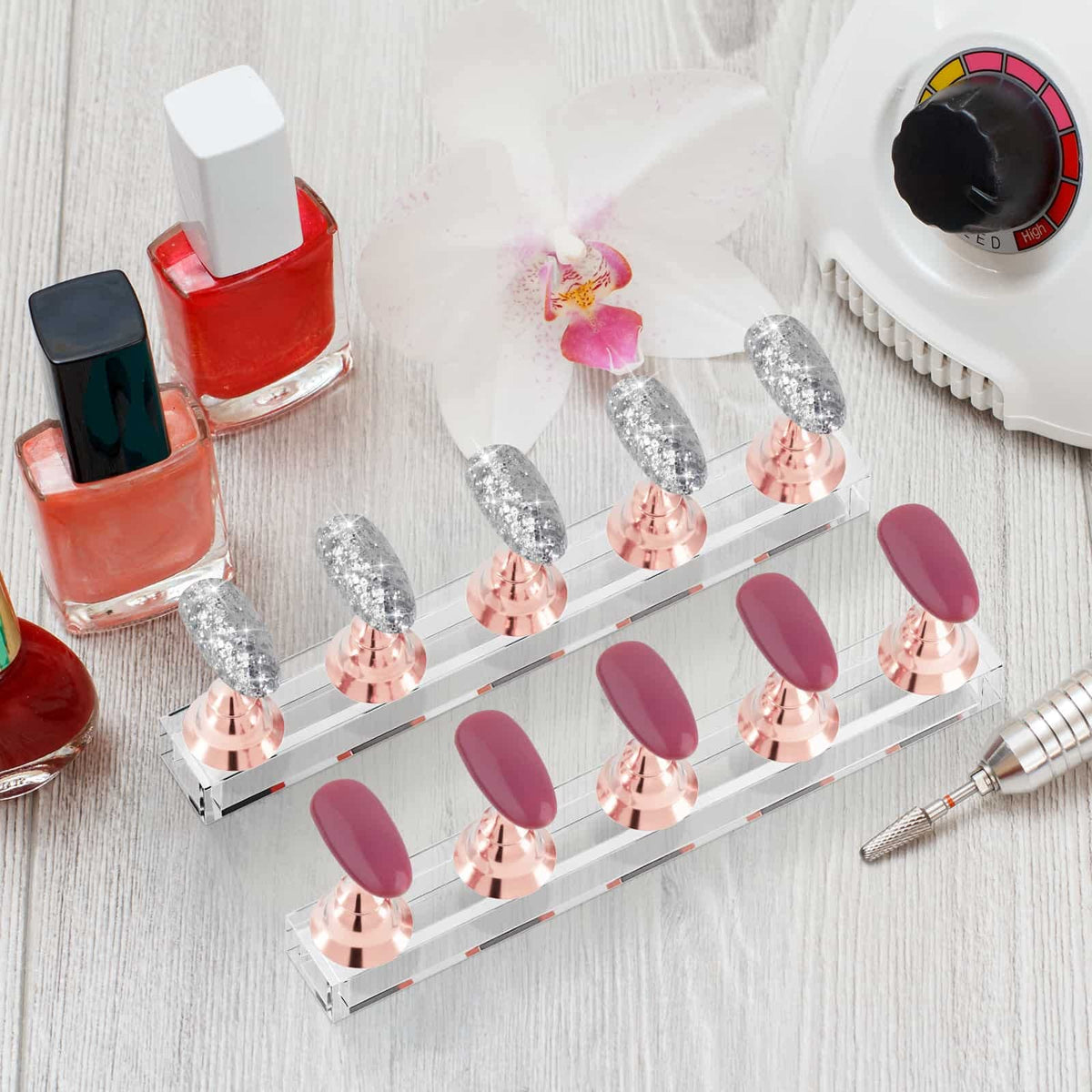 Difenni Nail Stand set on a table with nail tools