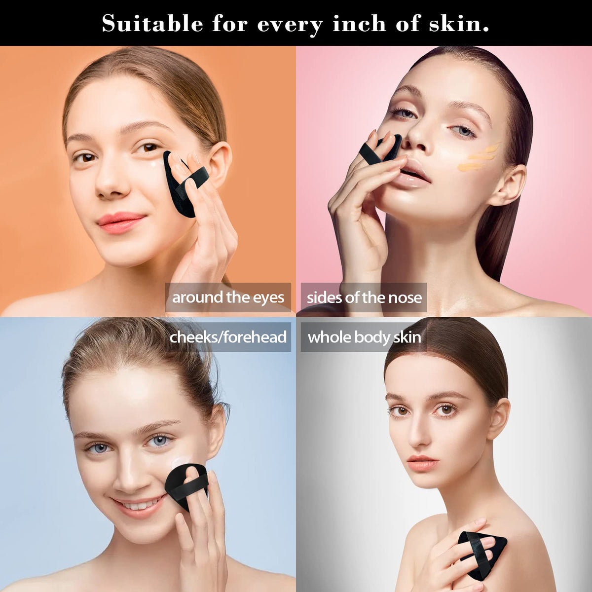 Different angles of RAREIUS Triangular Powder Puffs for makeup application