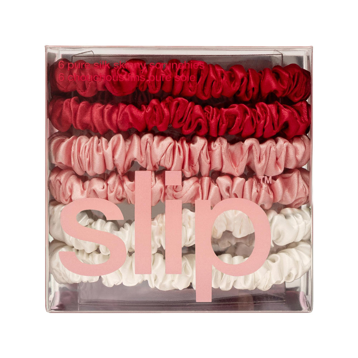 Different angles of SLIP skinny scrunchies showcasing colours