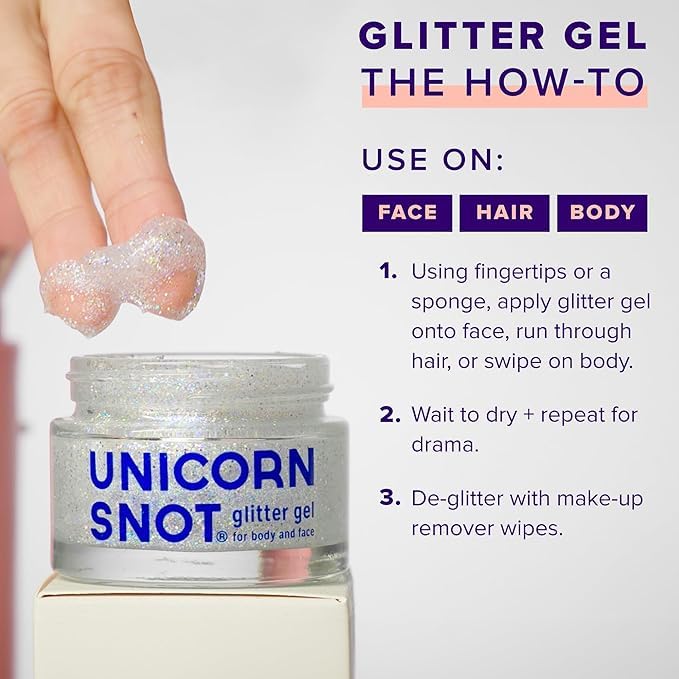 Different application styles of UNICORN SNOT Glitter Gel on skin