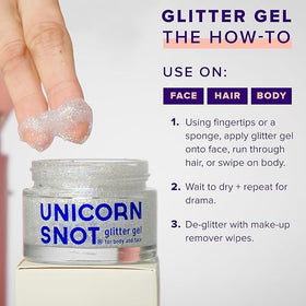 Different application styles of UNICORN SNOT Glitter Gel on skin