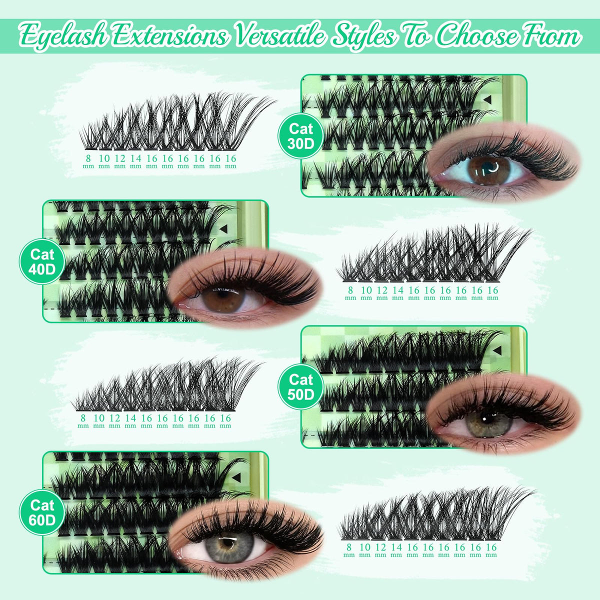 Different densities of LASHSUN Cat Eye Lash Clusters displayed