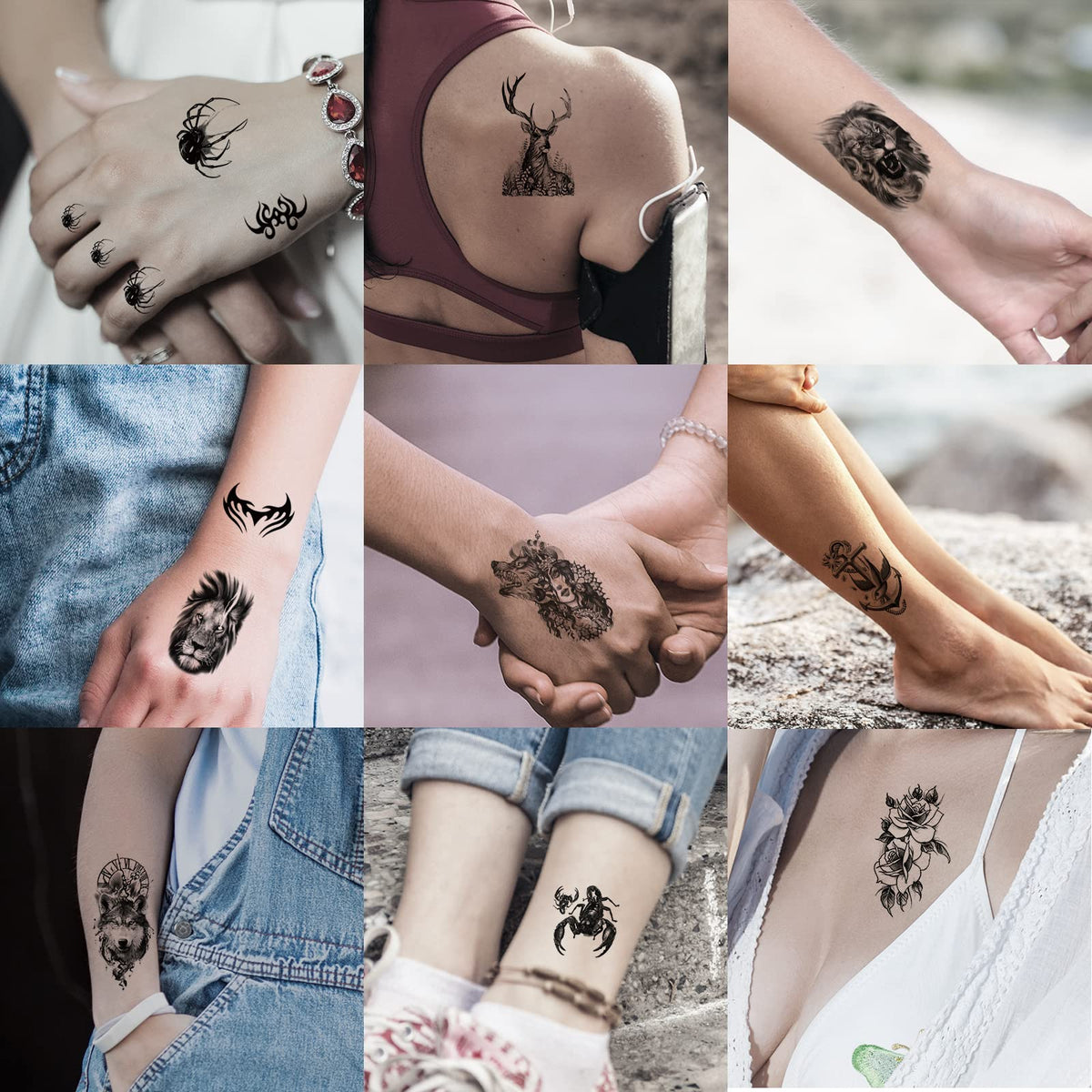 Different designs of JEEFONNA temporary tattoos displayed together