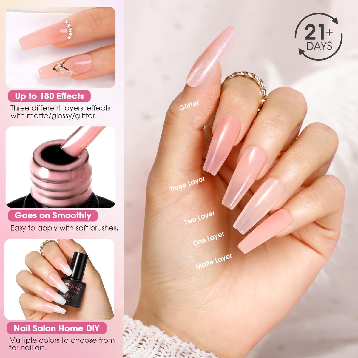 Different finishes of ROSALIND gel polish including matte and glossy