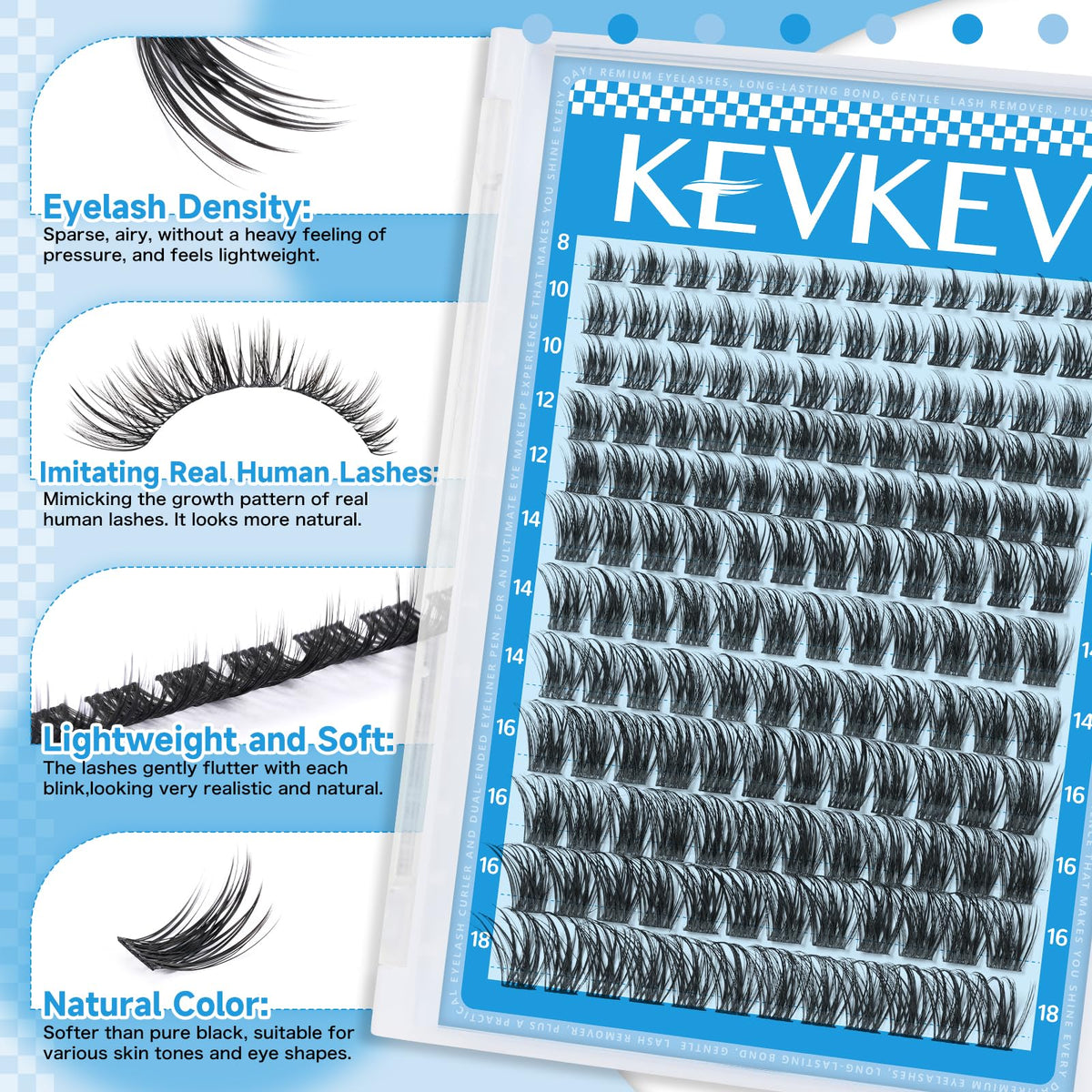 Different lash lengths from KevKev Lash Clusters Kit displayed