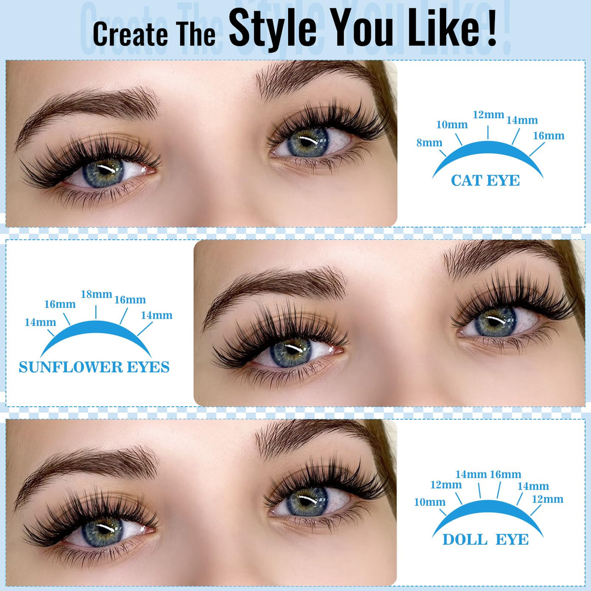 Different lash styles and lengths from KevKev Lash Clusters