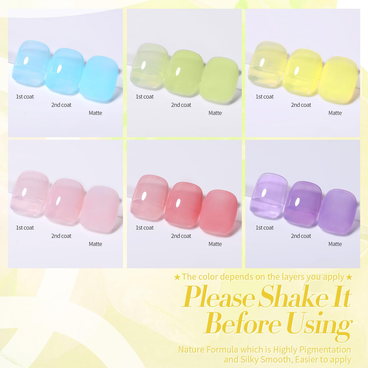 Different layers of jelly gel polish effects