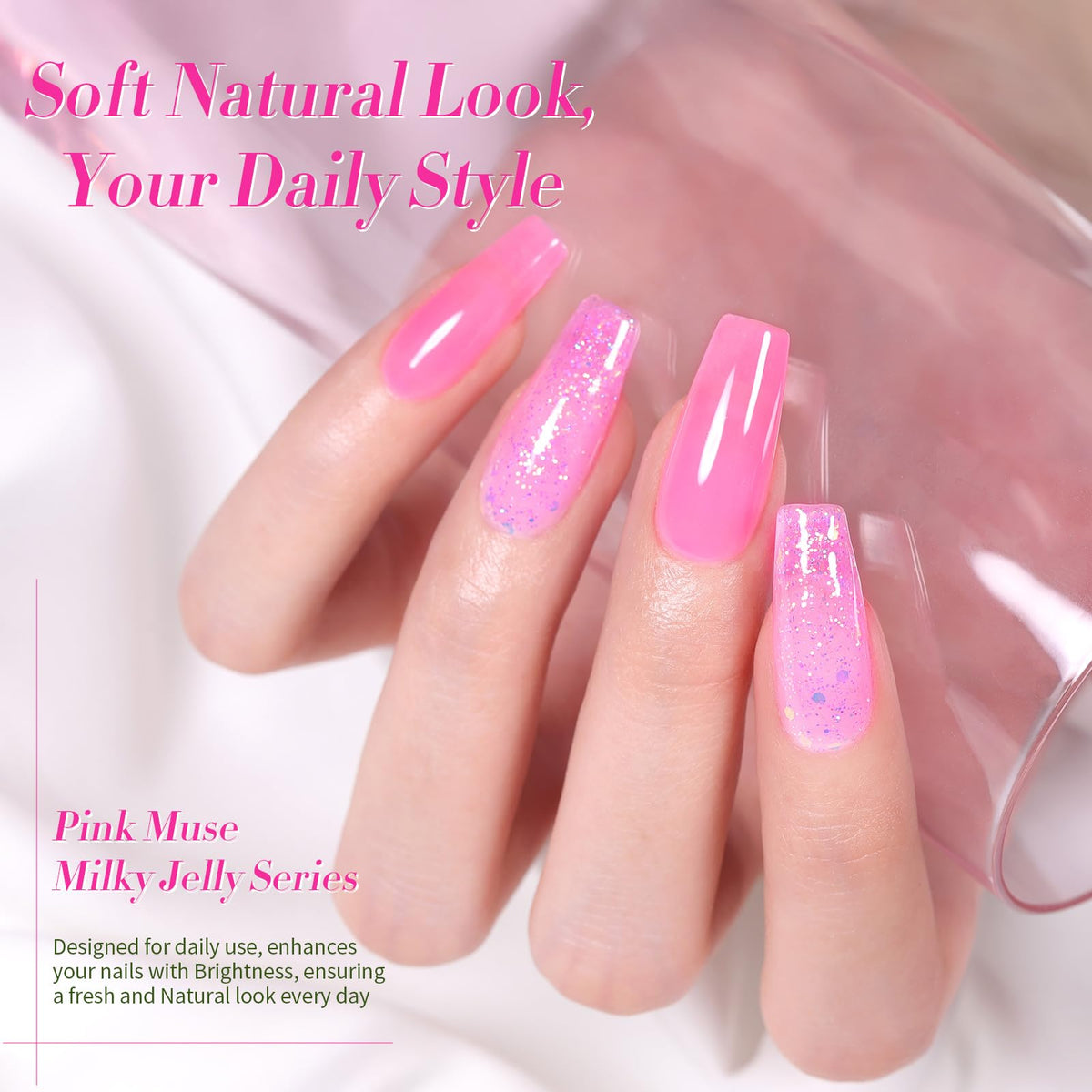 Different layers of jelly pink gel nail polish on nails
