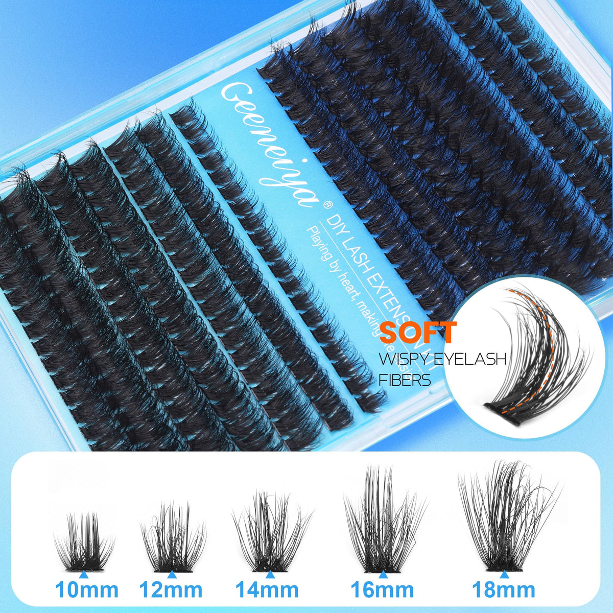 Different lengths of Geeneiya lash clusters displayed