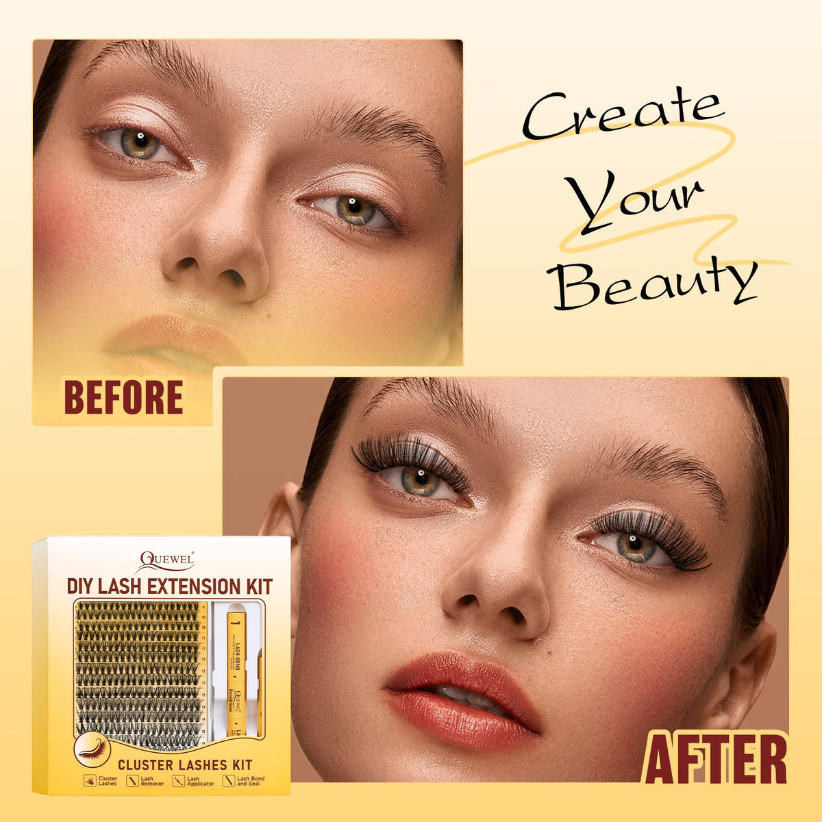 Different lengths of QUEWEL lash clusters in kit