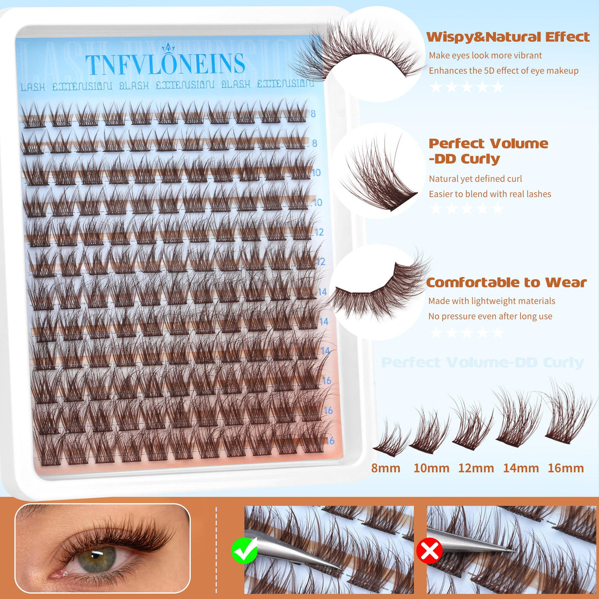 Different lengths of TNFVLONEINS Brown Lash Clusters laid out