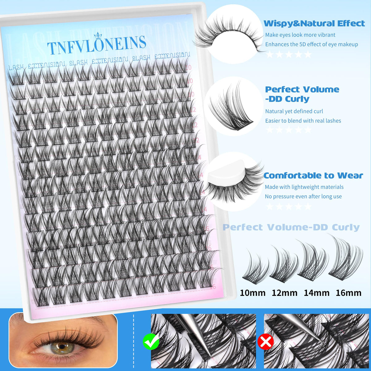 Different lengths of TNFVLONEINS eyelash clusters
