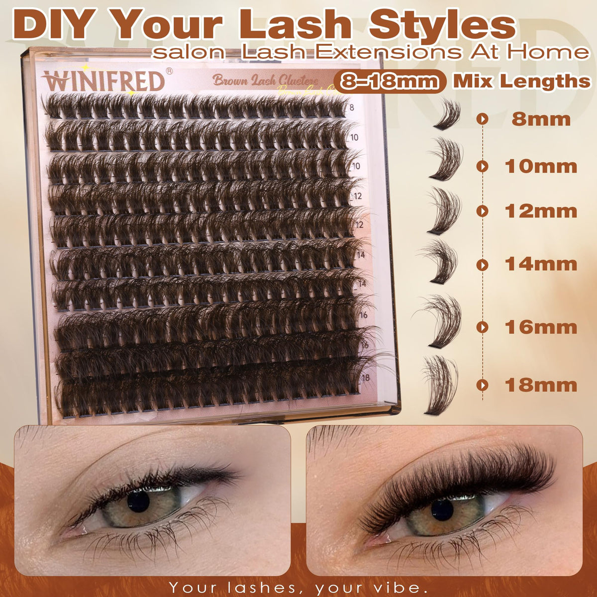 Different lengths of Winifred Brown Lash Clusters displayed
