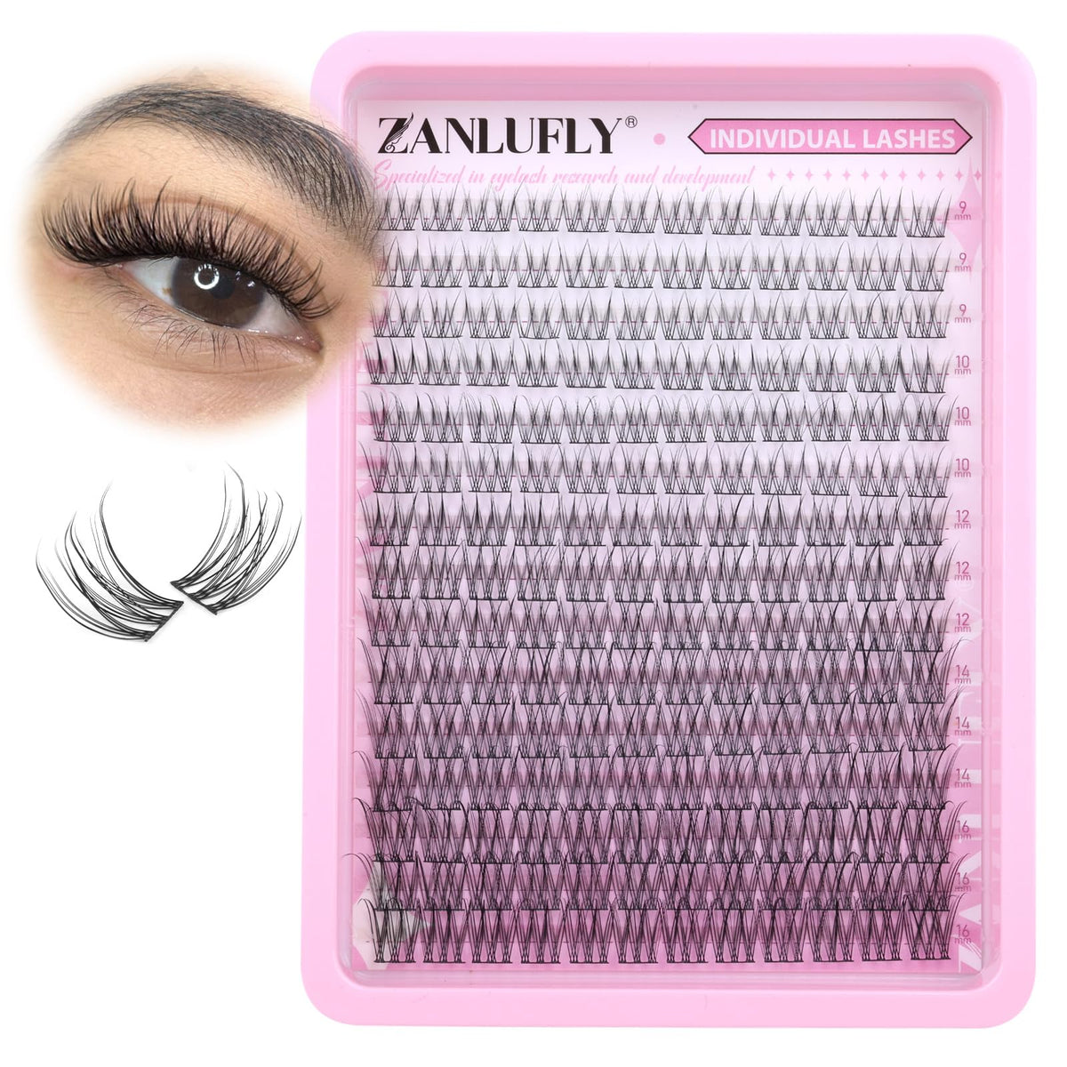 Different lengths of zanlufly Wispy Eyelash Clusters displayed