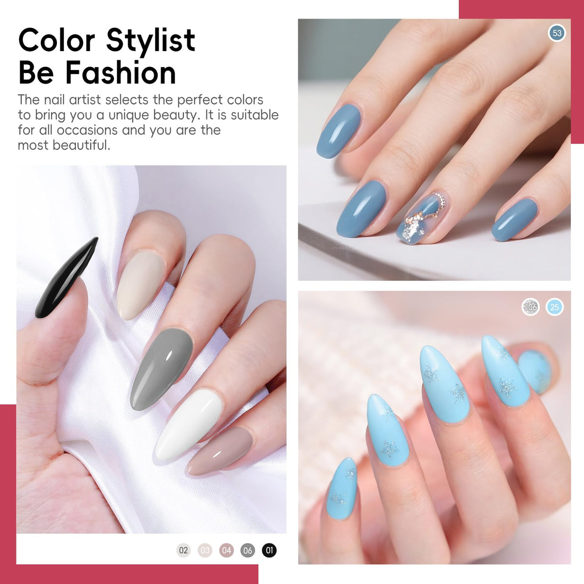 Different nail art styles created with COSCELIA gel polish