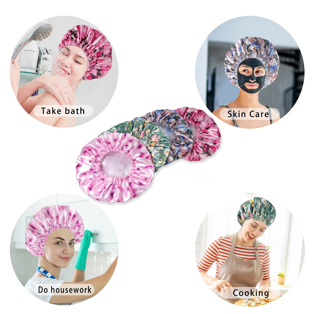 Different patterns of CHFONG Shower Caps laid out flat