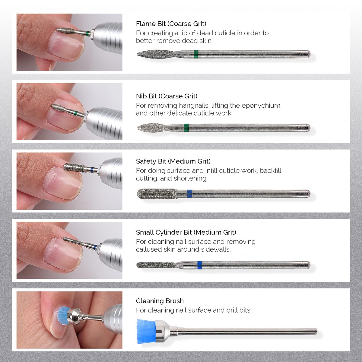 Different shapes of MelodySusie nail drill bits
