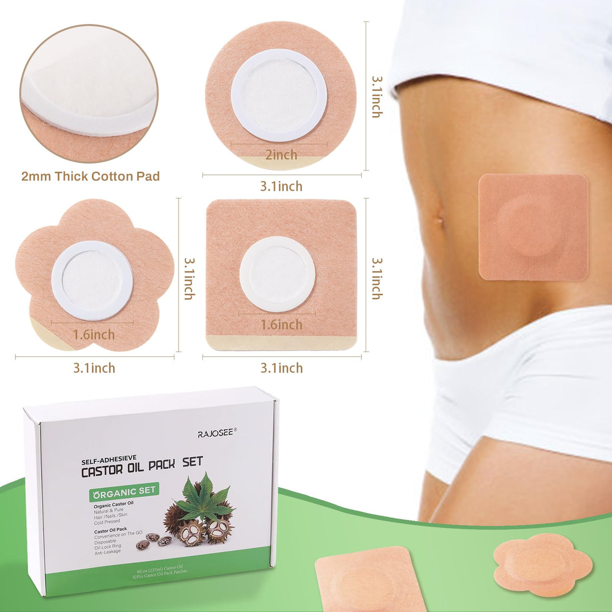 Different shapes of RAJOSEE castor oil patches displayed