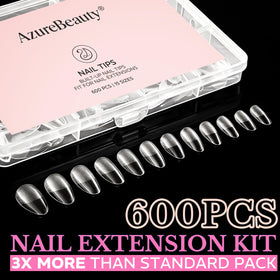 Different sizes of AZUREBEAUTY almond nail tips arranged neatly