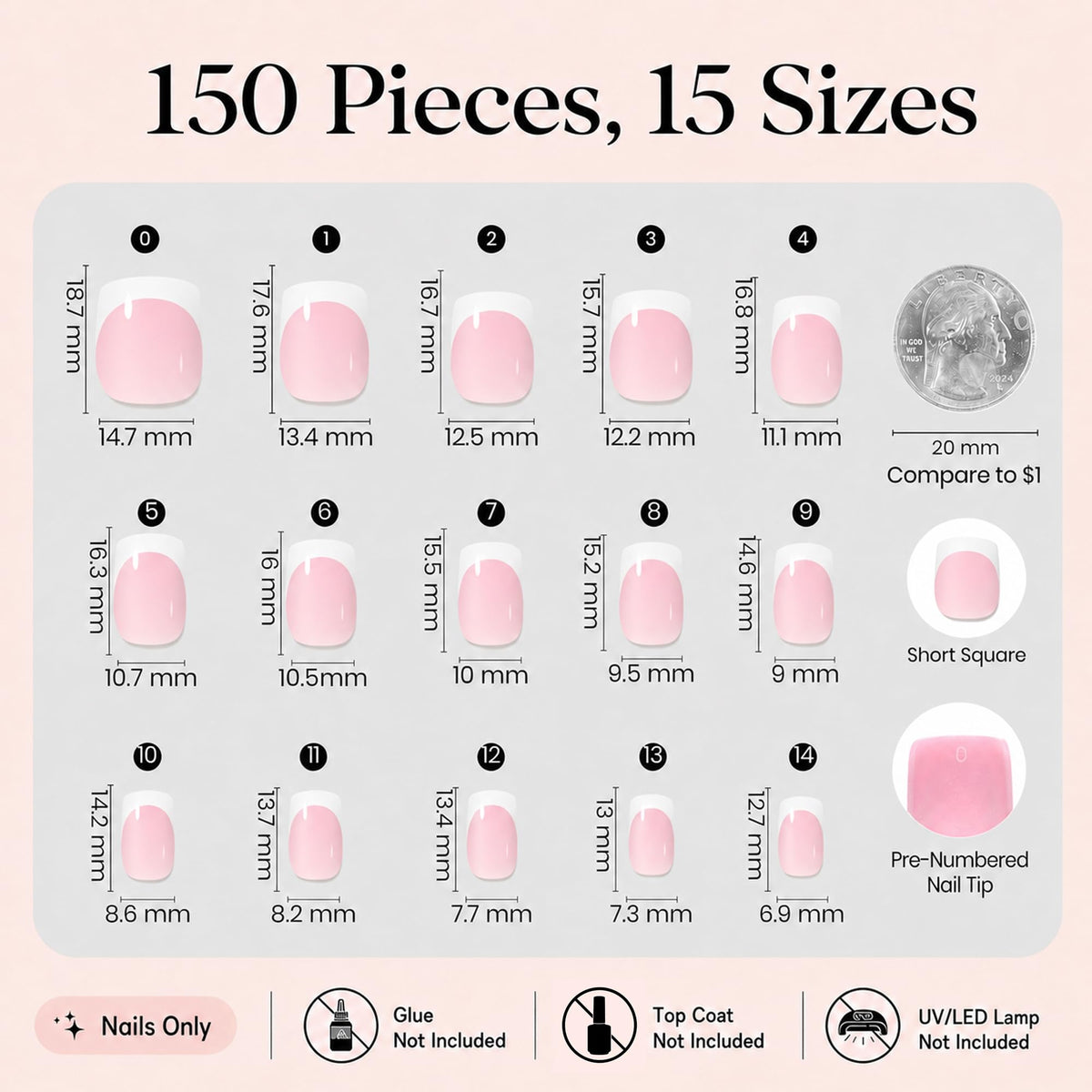 Different sizes of Beetles press on nails labelled 0-14