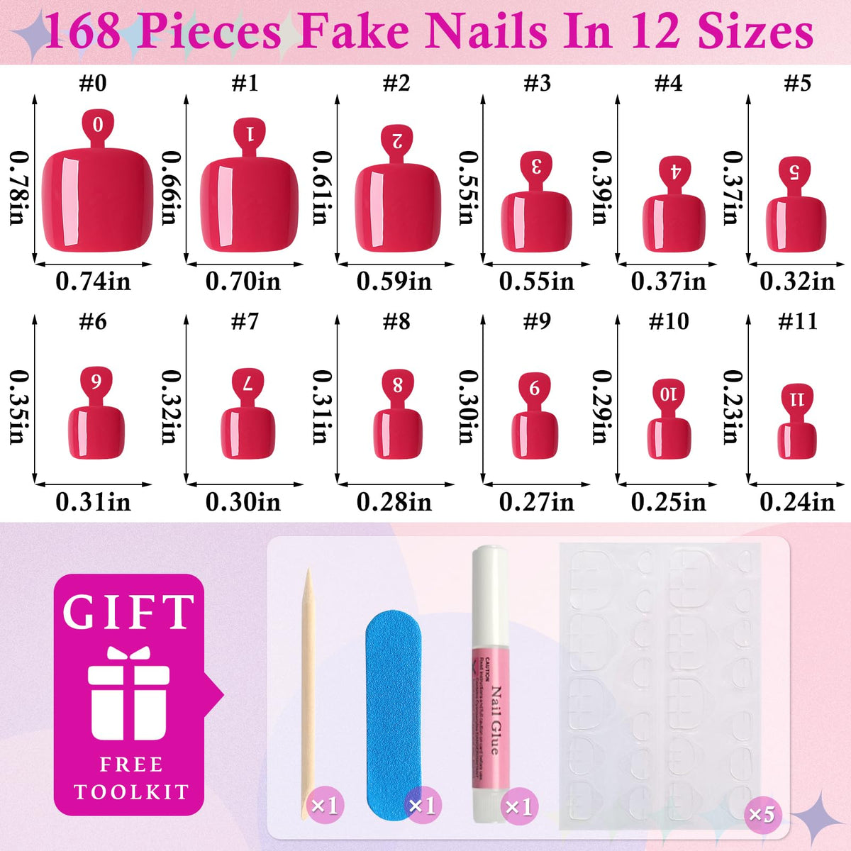 Different sizes of cherry red press on toenails
