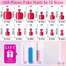 Different sizes of cherry red press on toenails