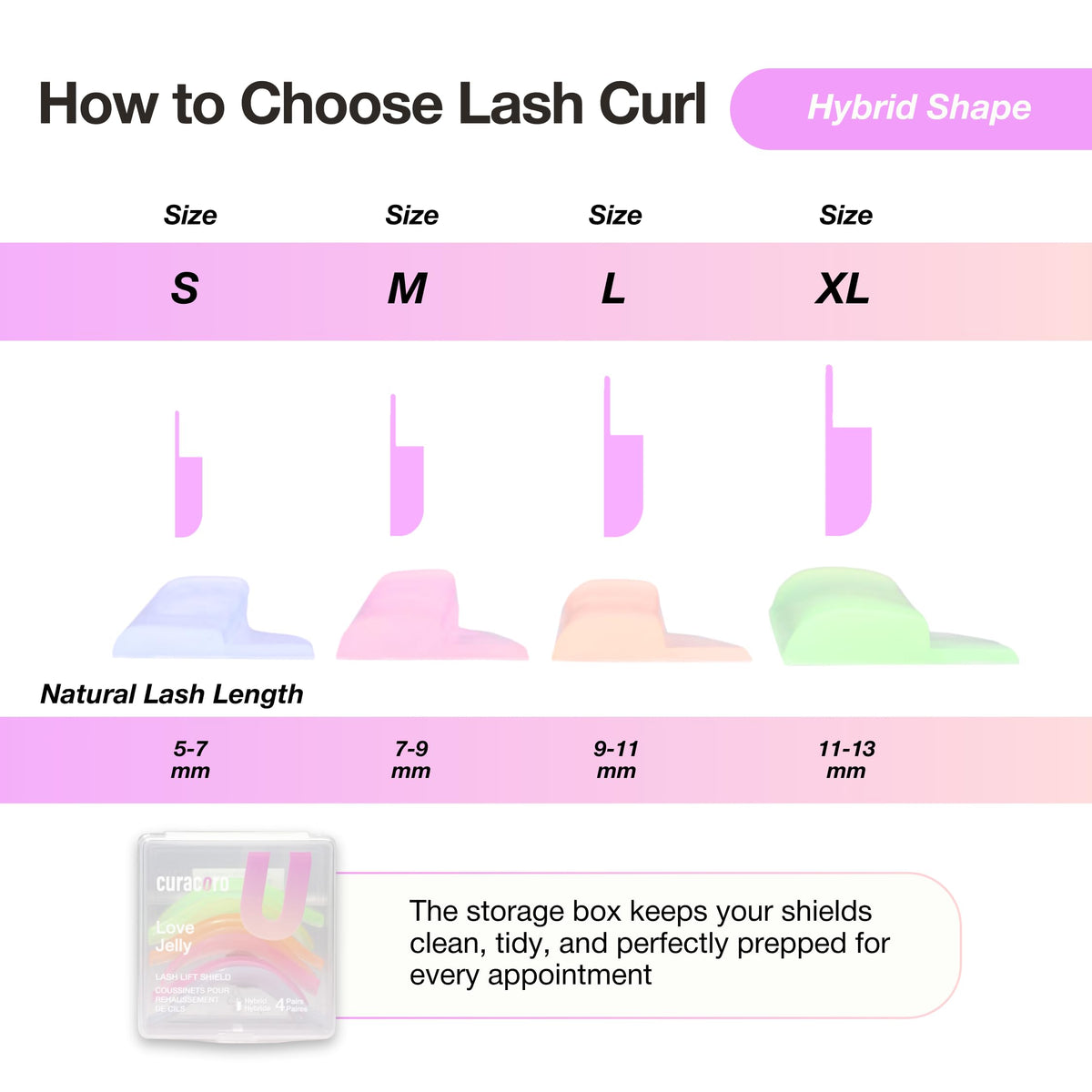 Different sizes of CURACORO Lash Lift Shields arranged neatly
