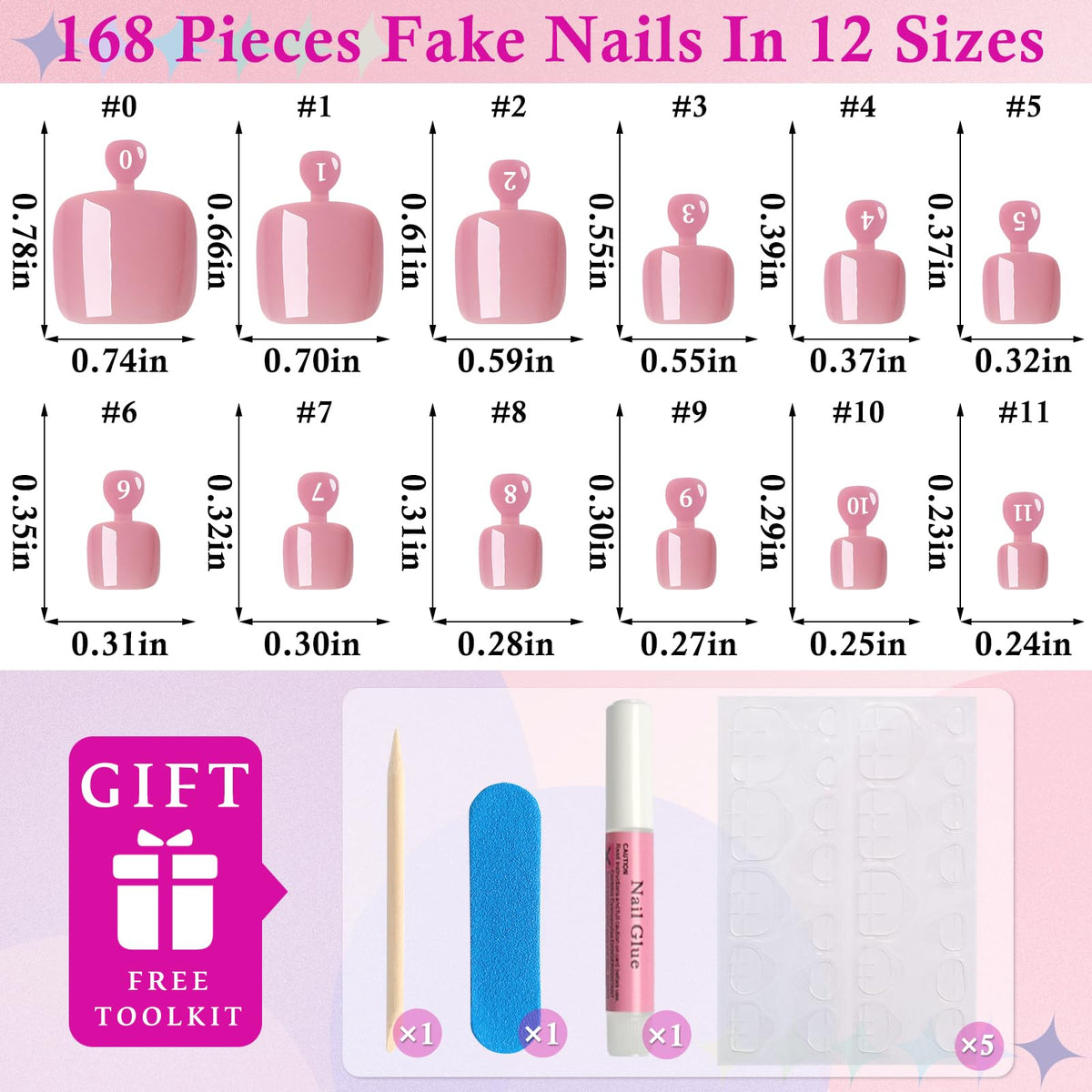 Different sizes of Dusty Rose press on toenails