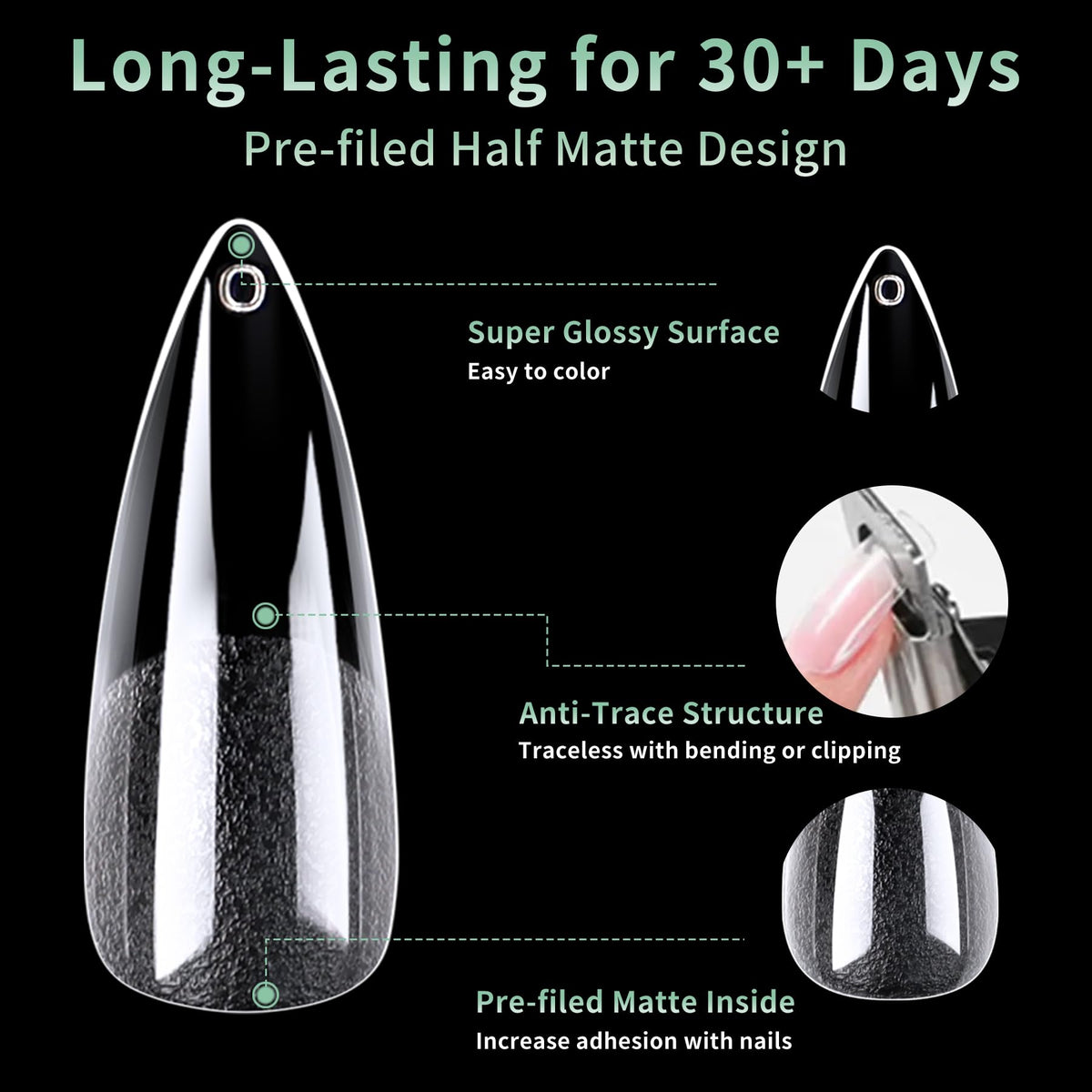 Different sizes of LEYKOSH Long Stiletto Nail Tips arranged