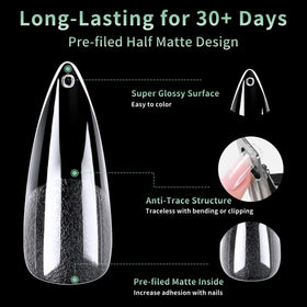 Different sizes of LEYKOSH Long Stiletto Nail Tips arranged