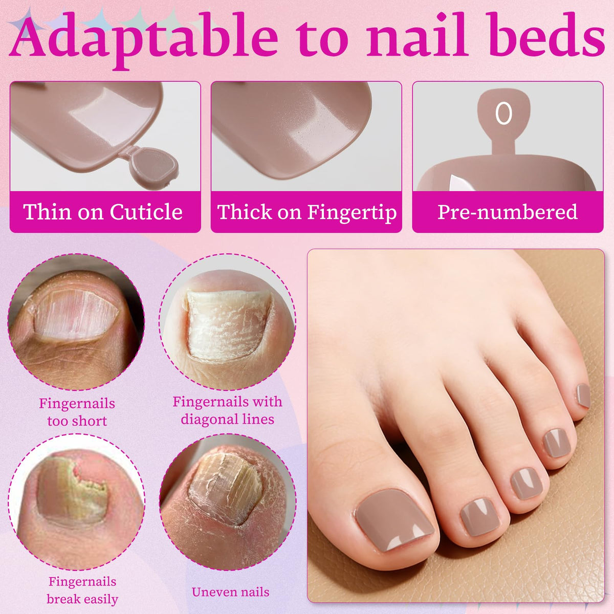 Different sizes of LuckForever press on toenails displayed
