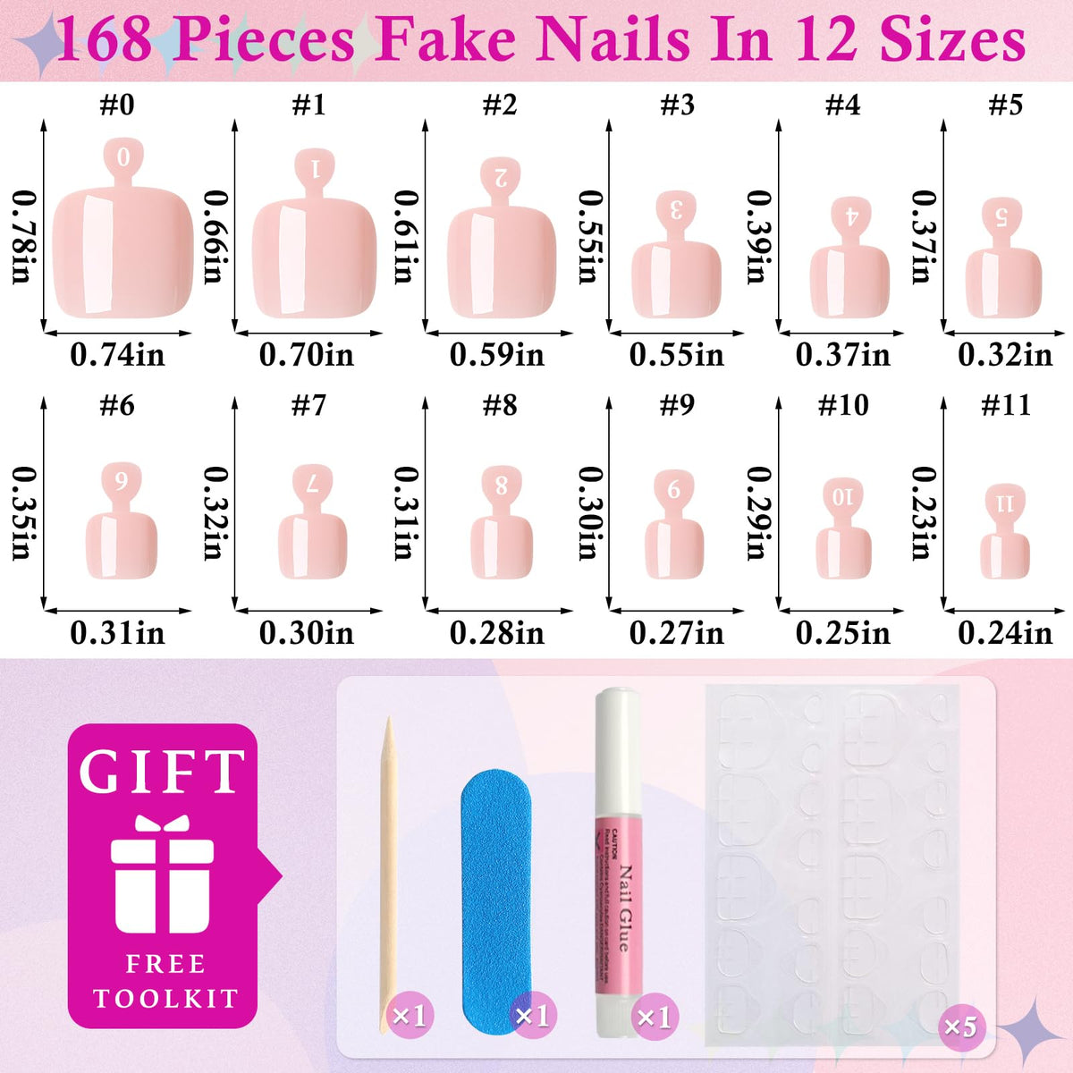 Different sizes of LuckForever Soft Nude Press On Toenails