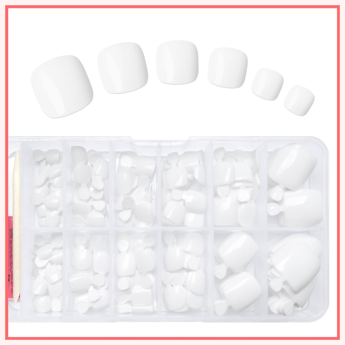 Different sizes of LuckForever white press on toenails displayed