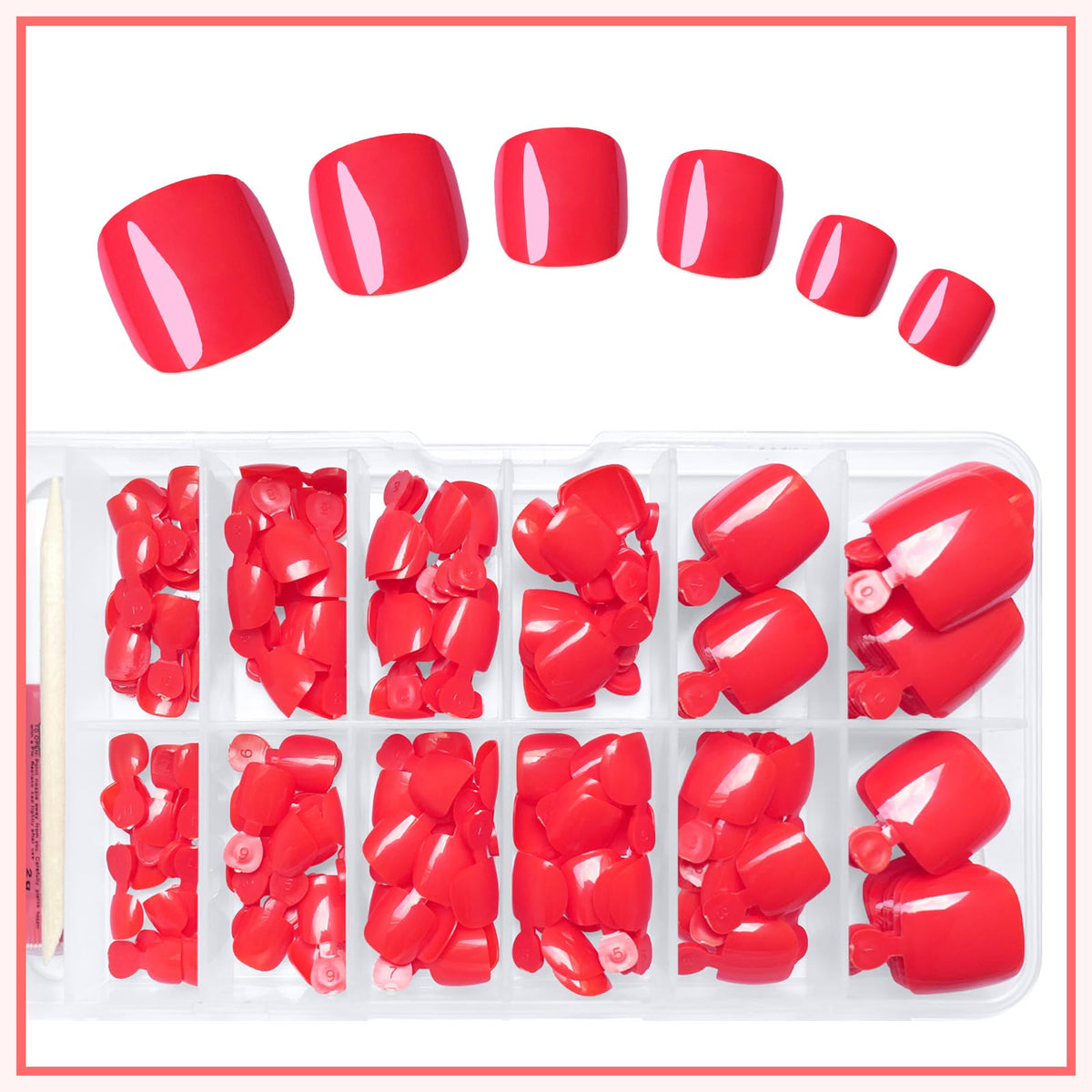 Different sizes of red press on toenails displayed