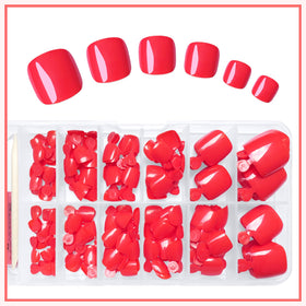 Different sizes of red press on toenails displayed