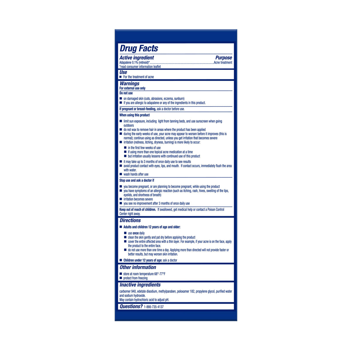 Differin Gel ingredients list on packaging