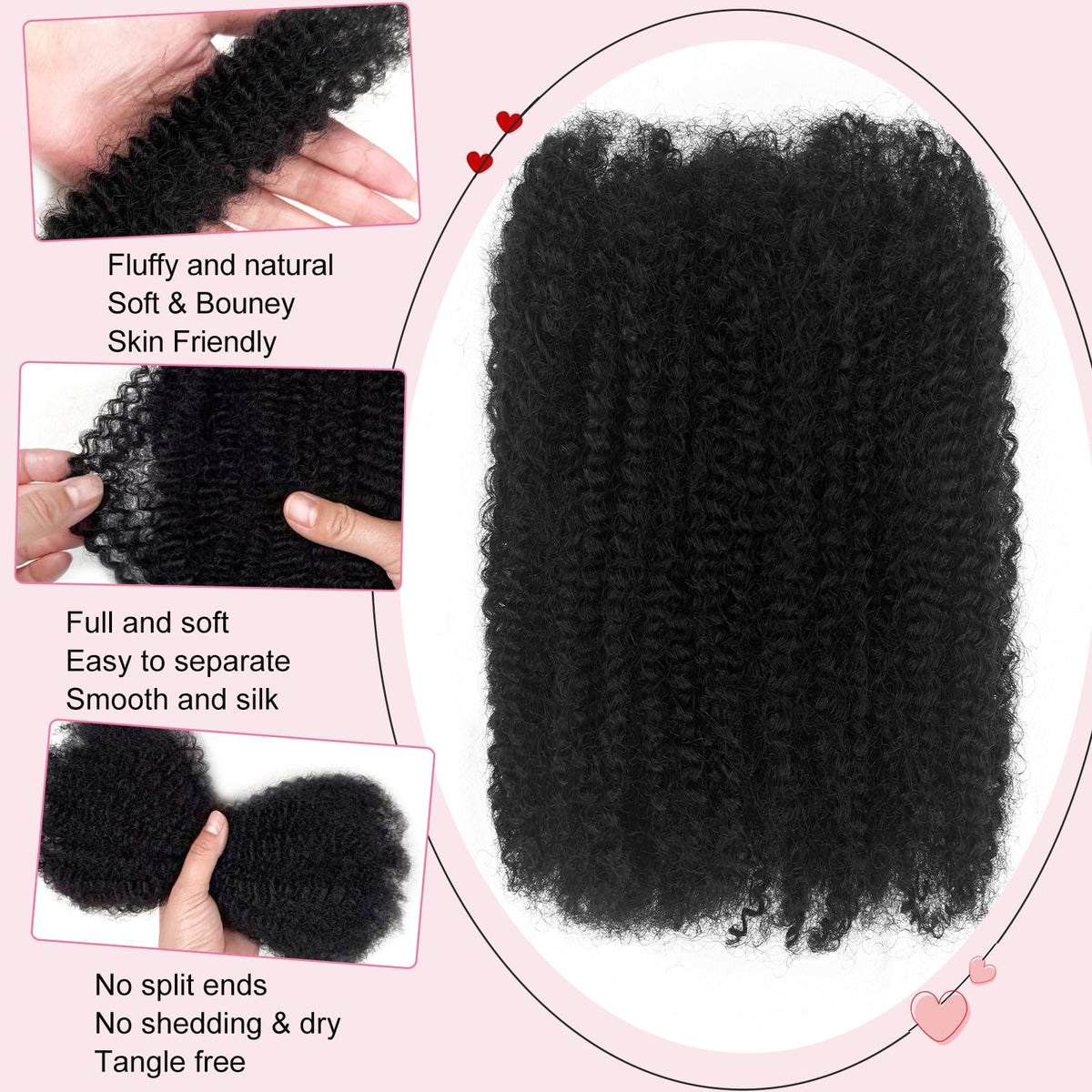 Dilekay Afro Kinkys Bulk Human Hair 2 bundles with crochet hook and clips