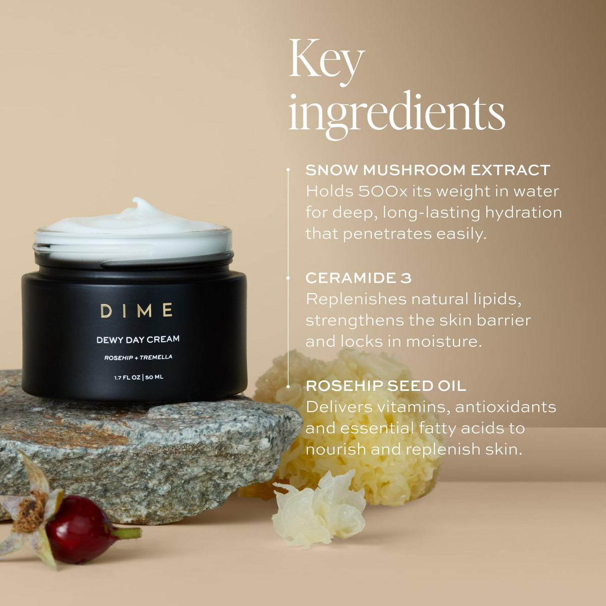 DIME Dewy Day Cream 50ml with ingredients displayed