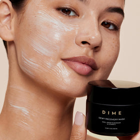 DIME Dewy Recovery Mask on a bathroom counter