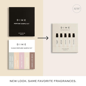DIME Perfume Sampler Kit packaging displayed on a table