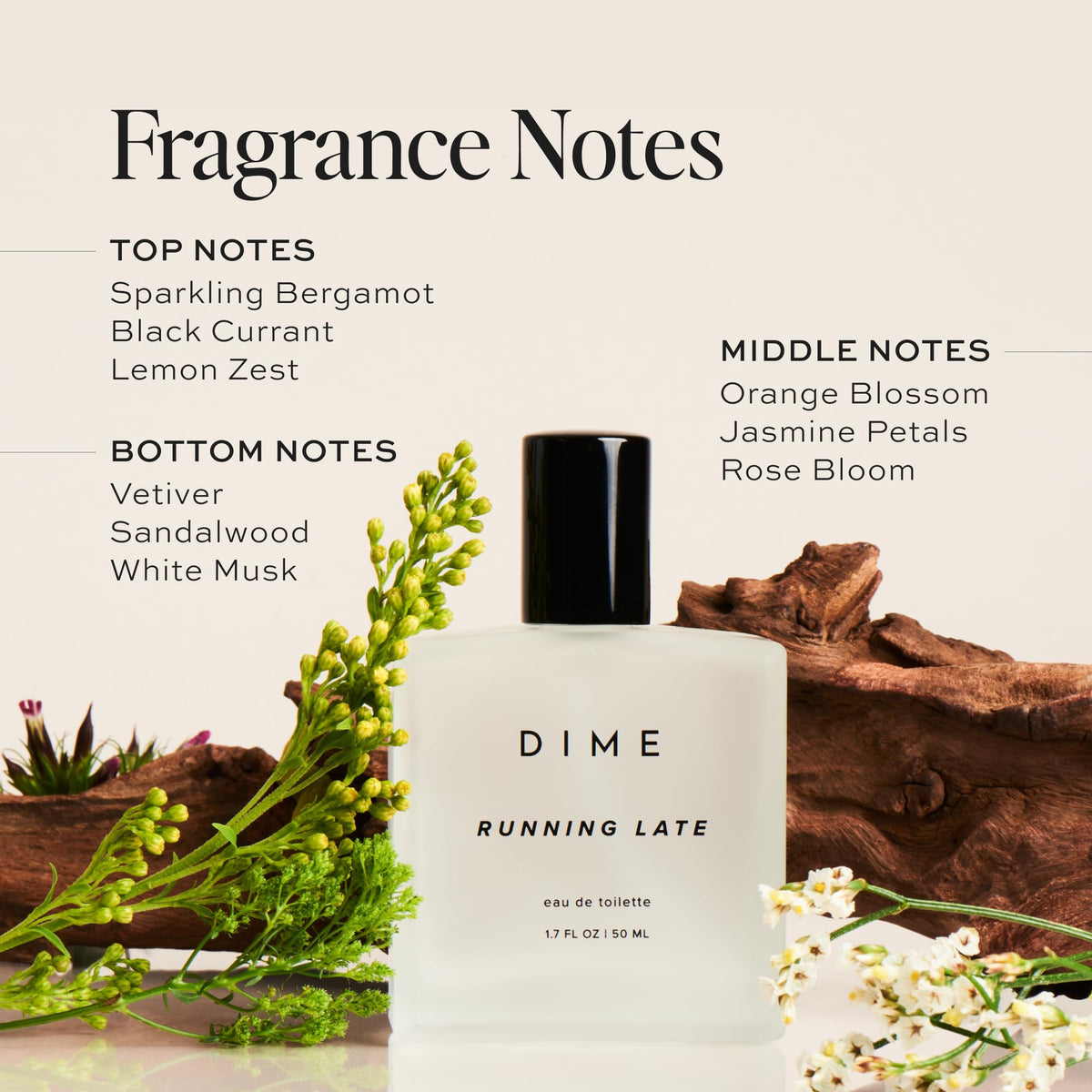 DIME Running Late Perfume bottle with floral background