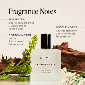 DIME Running Late Perfume bottle with floral background