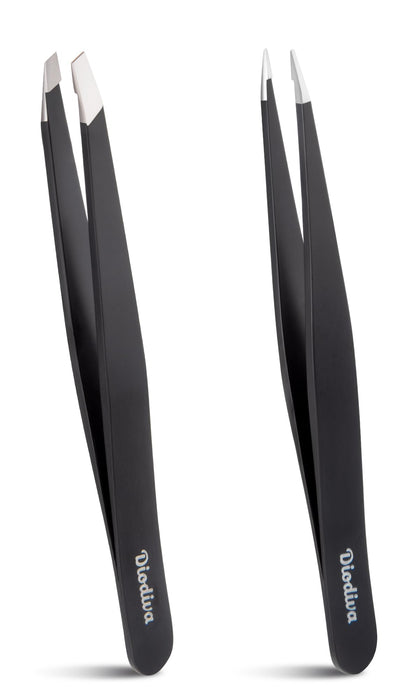 Diodiva 2-Pack Precision Tweezers Set front view with slant and point tips