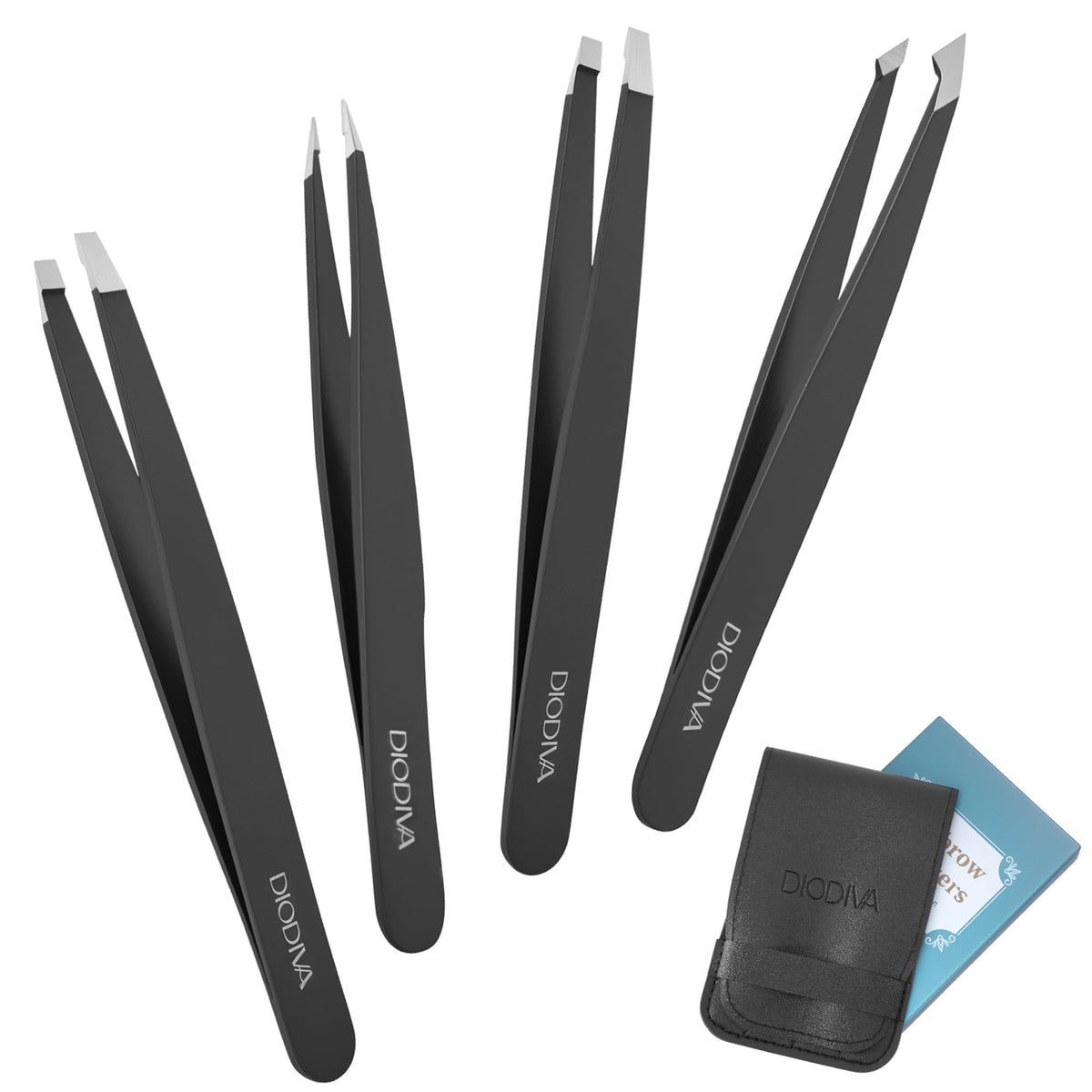 Diodiva 4-Pack Tweezers Set with slant, pointed, and flat tips