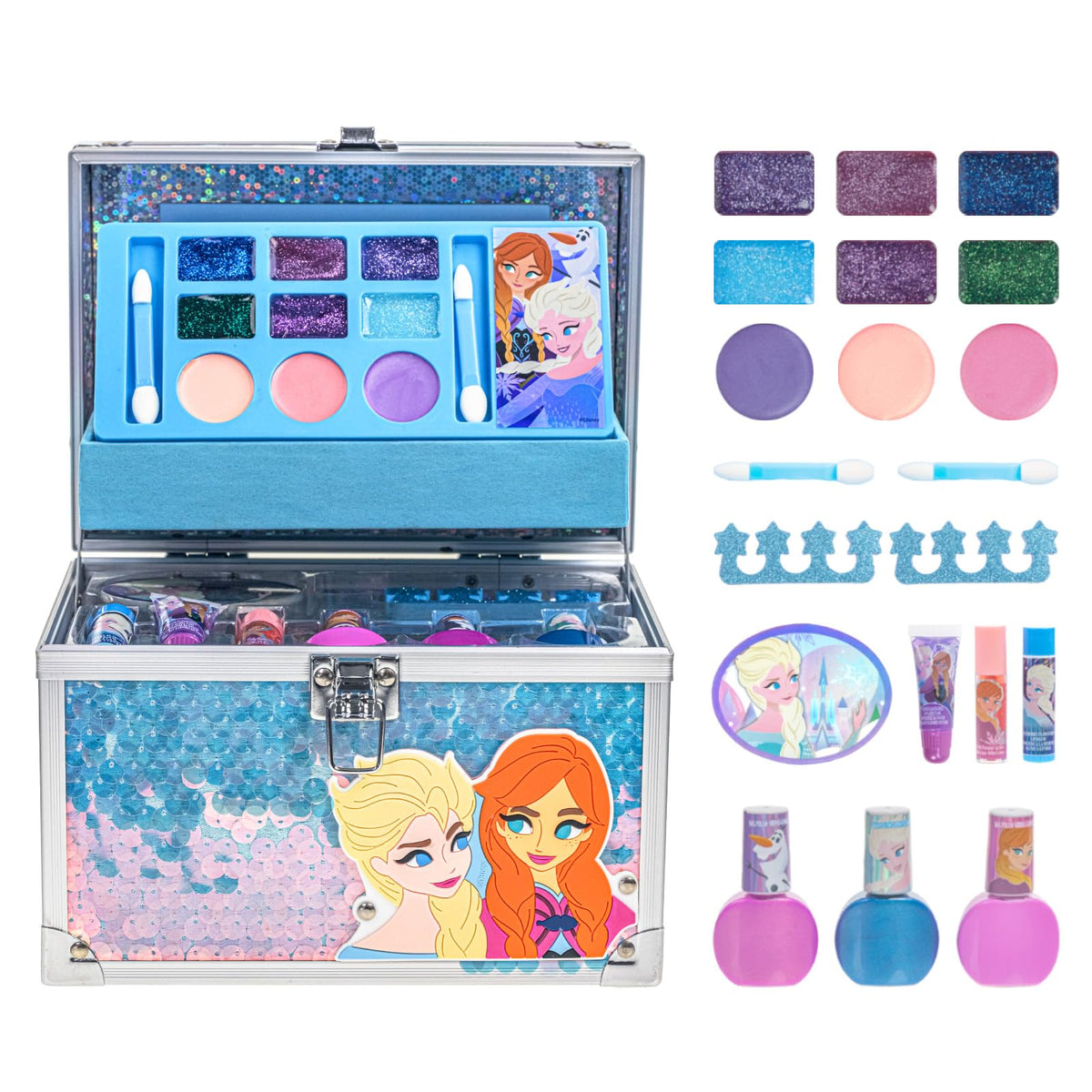 Disney Frozen Train Case Beauty Set with nail polishes and lip glosses